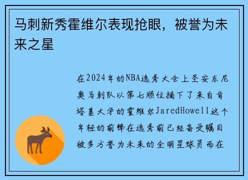 马刺新秀霍维尔表现抢眼，被誉为未来之星